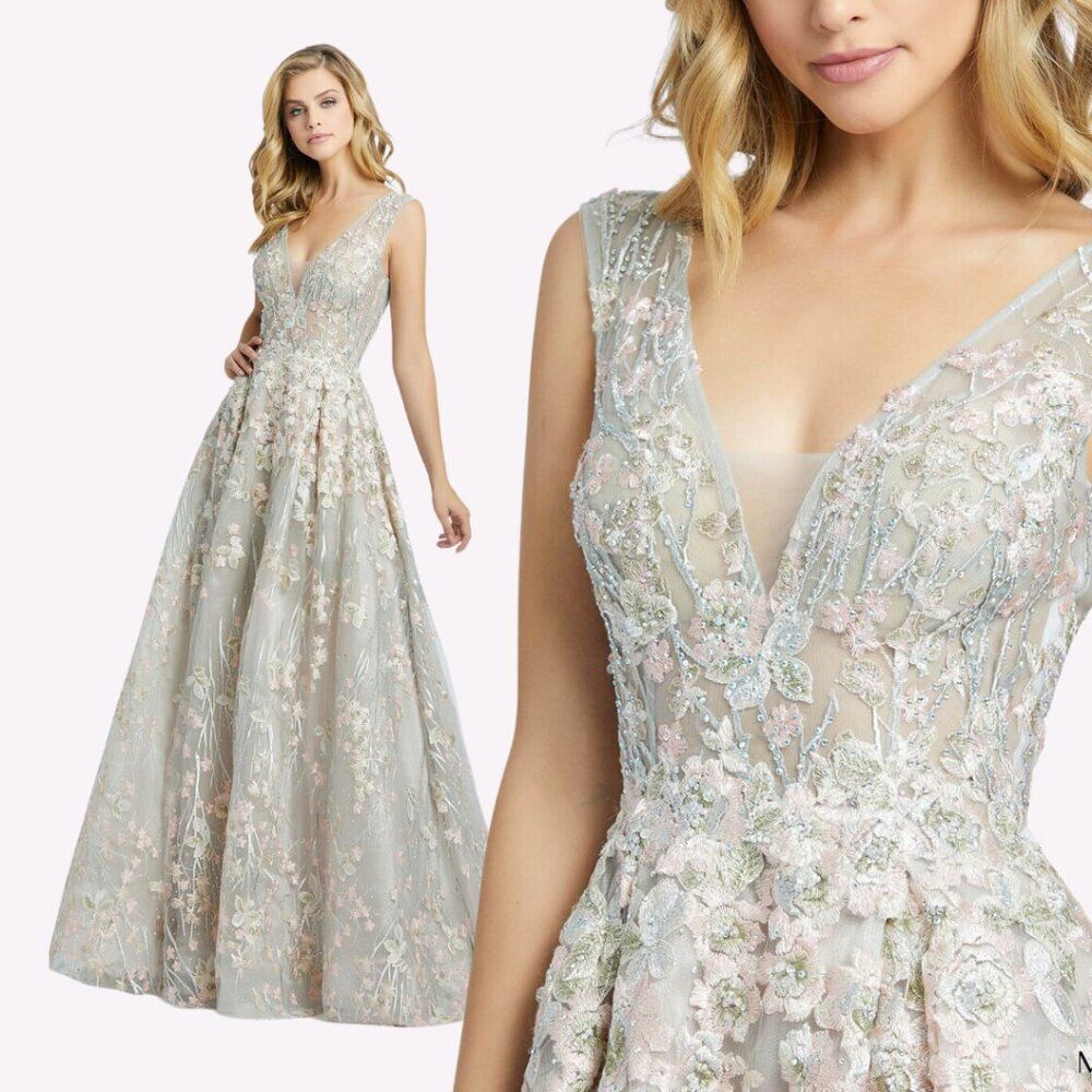 Mac Duggal 20131 Size 10 Silver Pink Pastel Floral Embroidered V-Neck Gown Dress